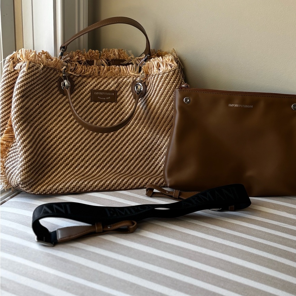Emporio Armani Brown Woven Tote with Fringe Trim